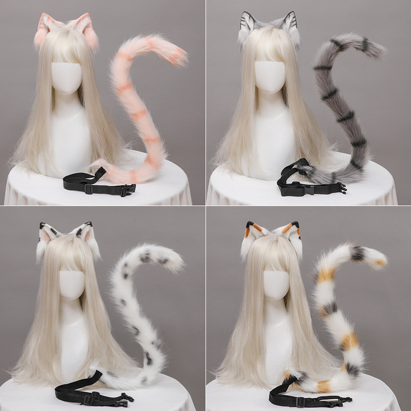 Cosplay Bando tiga warna oranye buatan tangan, bulu lembut, gaya lolita, set telinga  ekor kucing un