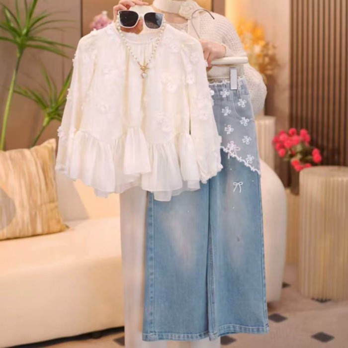 2026 Girls' Suits Clothing Western Style Design Three-dimensional Flower Shirt Jeans Top Two-Piece