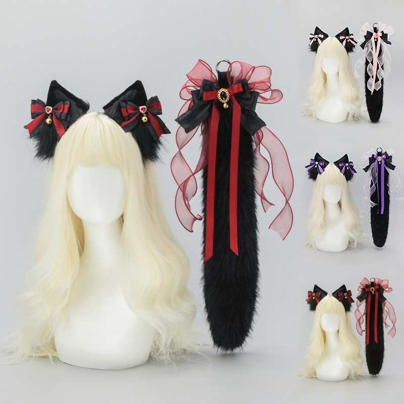 Cosplay Set hewan  buatan tangan, ekor rubah gelap, ikat kepala telinga serigala cosplay Lolita. Ber