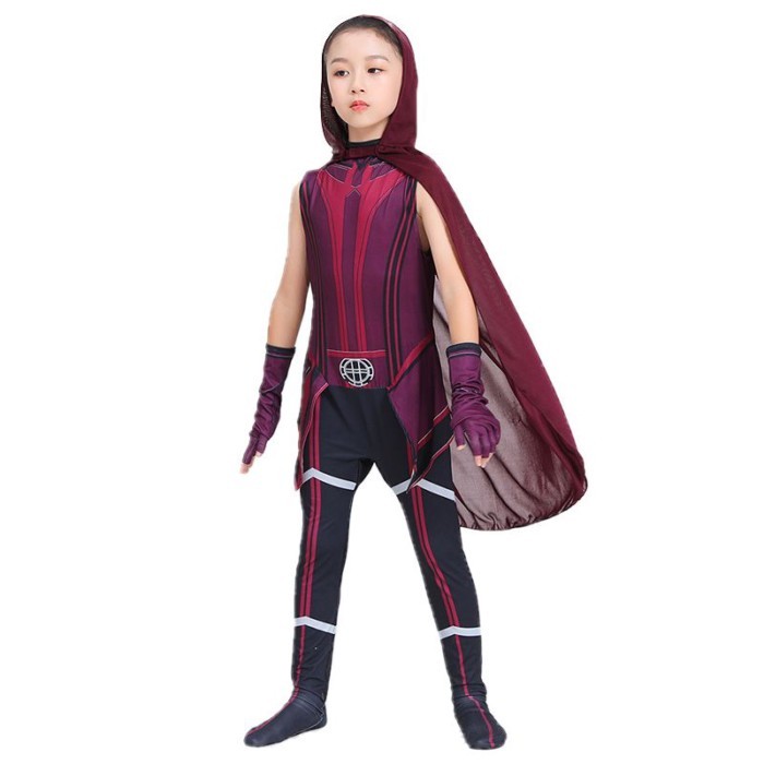 Set pertunjukan Cosplay penyihir merah Marvel gadis kostum superhero anak-anak Halloween