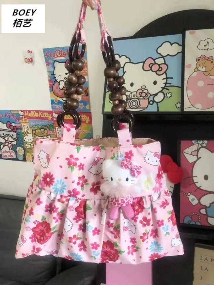 Baiyi Tas Manik-manik Hello Kitty Liburan Musim Panas 2025 Tas Tote Bahu Kain Sambungan Kapasitas B