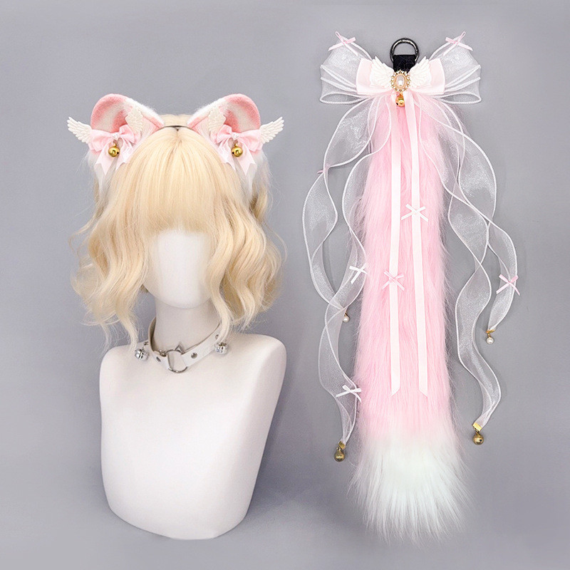Cosplay Set ikat kepala Lolita dengan bulu mewah gaya kuno, ekor rubah cosplay, hewan buatan tangan,