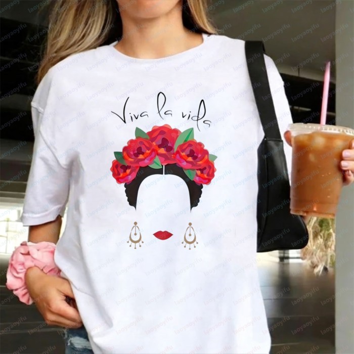 Frida Kahlo Viva La Vida Women T-Shirt Mexican Feminist Graphic Tops Boho Casual Cotton Tee Classic