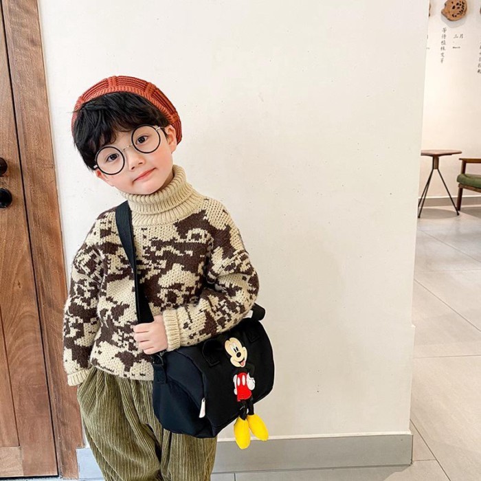 Tas Anak, Tas Selempang Hitam Gaya Korea Modis, Anak Laki-laki Tampan Jalan-Jalan, Ransel Bayi, Tas