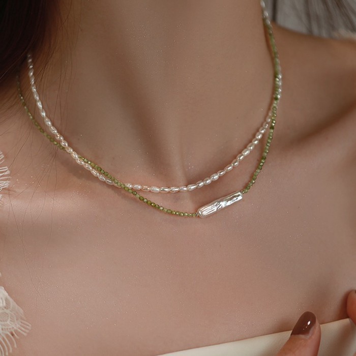 Olive Green Round Faceted Natural Zircon Baroque Freshwater Pearl Long Bead Necklace