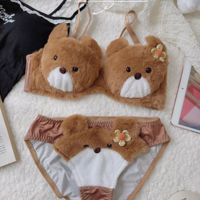 Set Bra Beruang Mewah Tanpa Kabel Pakaian Dalam Kartun Lucu Bra Keinginan Murni Tebal Tahan Dingin