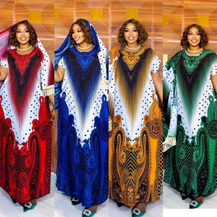 Jubah ukuran besar longgar bermotif bulu hijau gaun berlian panas Afrika Timur Tengah