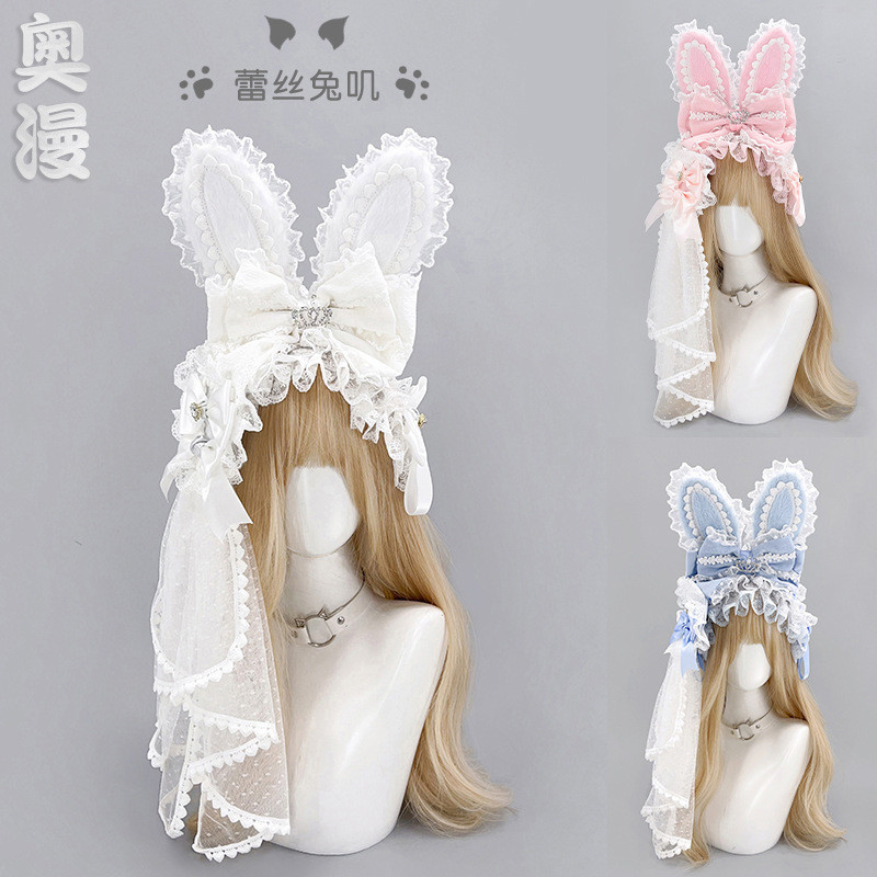 Cosplay Lolita Manis dengan Pita  Renda, Gaya Pengantin Lolita, Hiasan Kepala Bunga, Headband Teling
