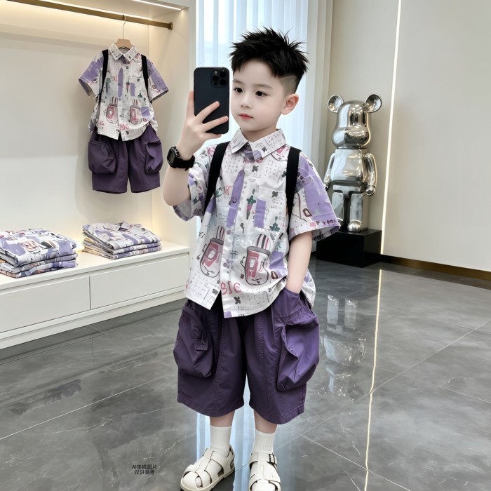 Setelan Kemeja Ungu Anak Laki-laki 2026 Baju Tipis Lengan Pendek Bayi Keren dan Tampan Baru Musim P