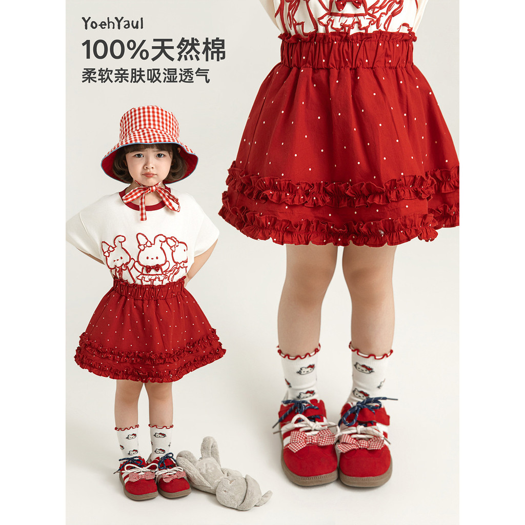 Baju Pakaian anak Merah A-line Longgar Baru  Panas 2026 A Perempuan Wulibu Yi, Rok Pendek Anti-Terli