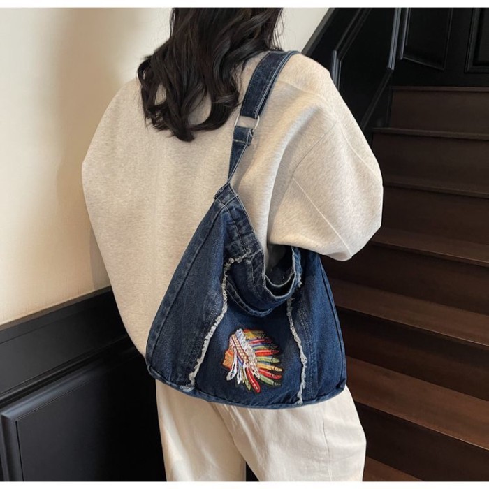 Tas Wanita Modis Baru Tas Bahu Denim Tas Tote Kapasitas Besar Terlihat Tinggi Tas Selempang Denim Bo