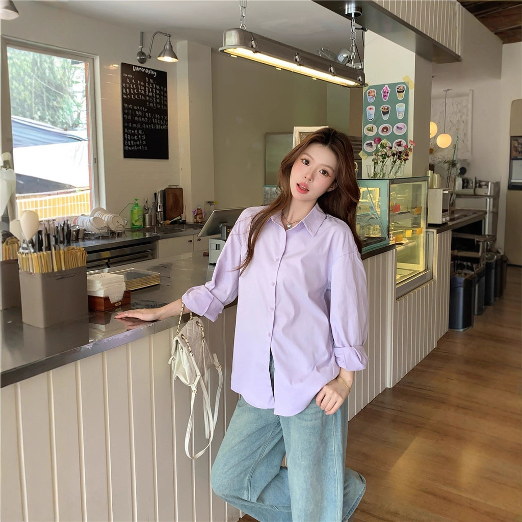 Pakaian Wanita baru Kemeja Jaket Kerah Turun Lengan Panjang Santai Sederhana Gaya Korea Warna Taro U