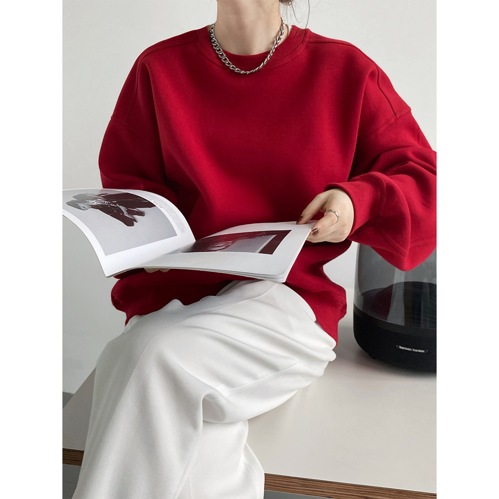 Pakaian wanita Luxi 2025 Gugur Musim Dingin Baru Sweatshirt Fleece Tebal Merah Anggur untuk Wanita G