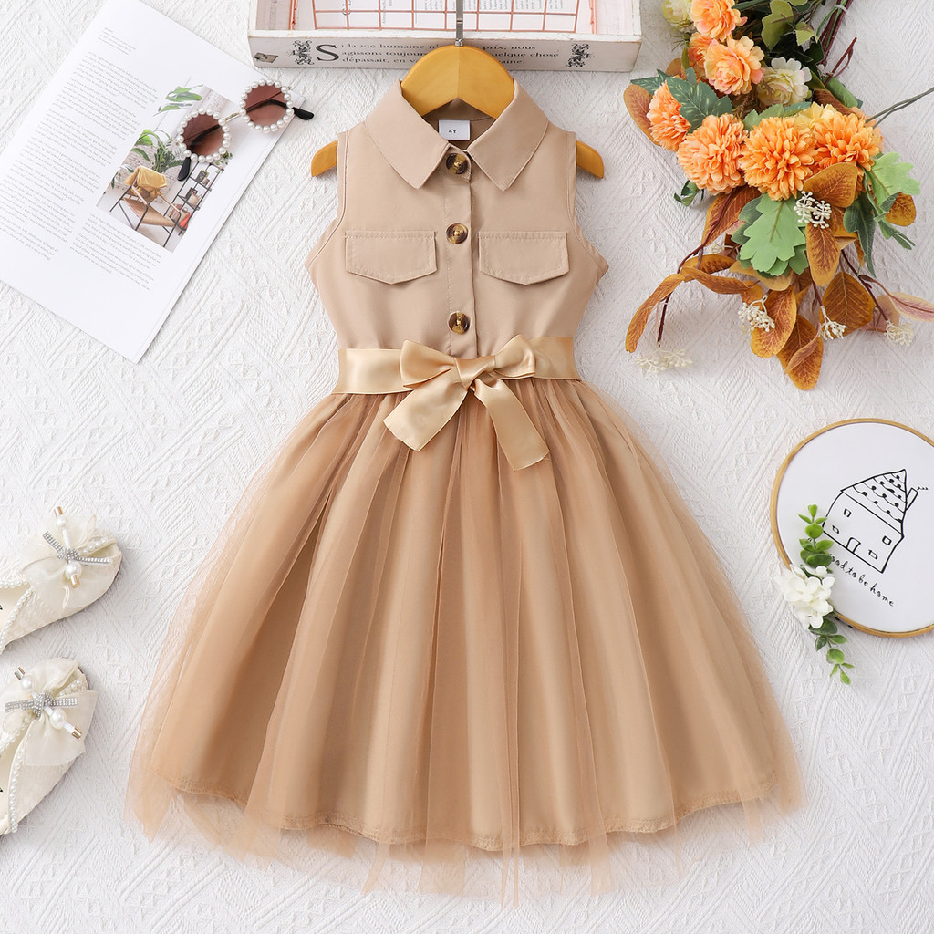 Pakaian Anak Perempuan Besar Kecil untuk Gadis, Gaun Jala Tanpa Lengan dengan Kerah Turun  Sabuk Ten