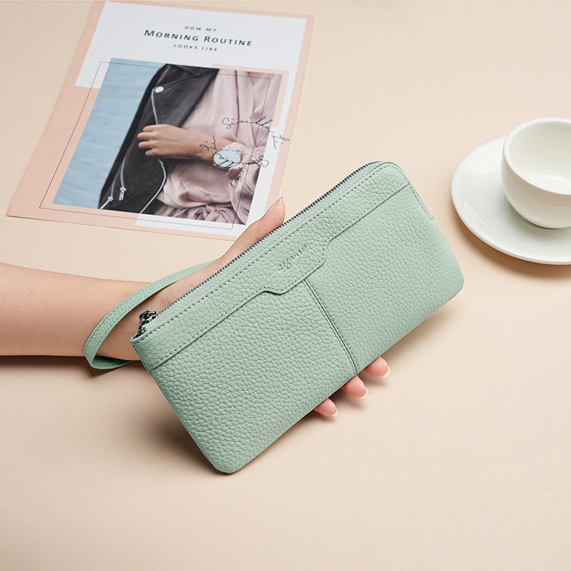 Tas Dompet Wanita Elegan Clutch Kulit Asli Terlaris di TikTok, Ritsleting Panjang, Ponsel Multi-Fung