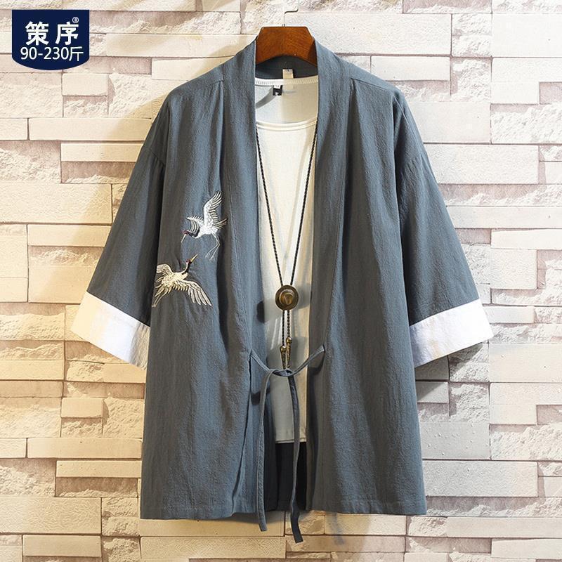 Pakaian pria Kaos Tren Nasional untuk Pria Musim Panas Elemen Han Retro Gaya Cina Dao Jubah Bordir L