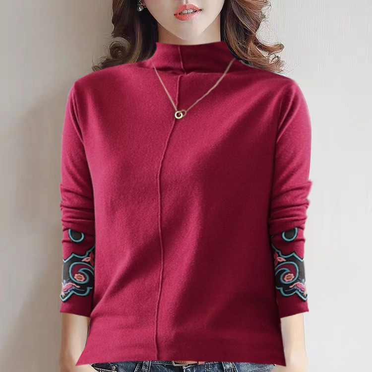 Baju Perempuan Pakaian Wanita Kemeja Dasar Setengah Turtleneck De Rong untuk Wanita, Cina     Baru, 