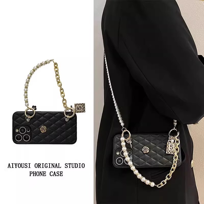 Casing HP Terbaru Tas Tangan Kulit Camellia Gaya Chanel Mewah Rantai Kompatibel dengan Apple 16 Pro 