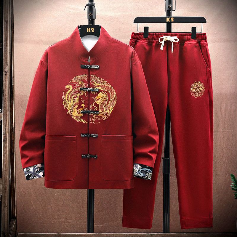 Kemeja Baju Pria Setelan Jaket Tang Retro Kancing Tren Nasional untuk Pria, Gaya Trendy Budaya Han B