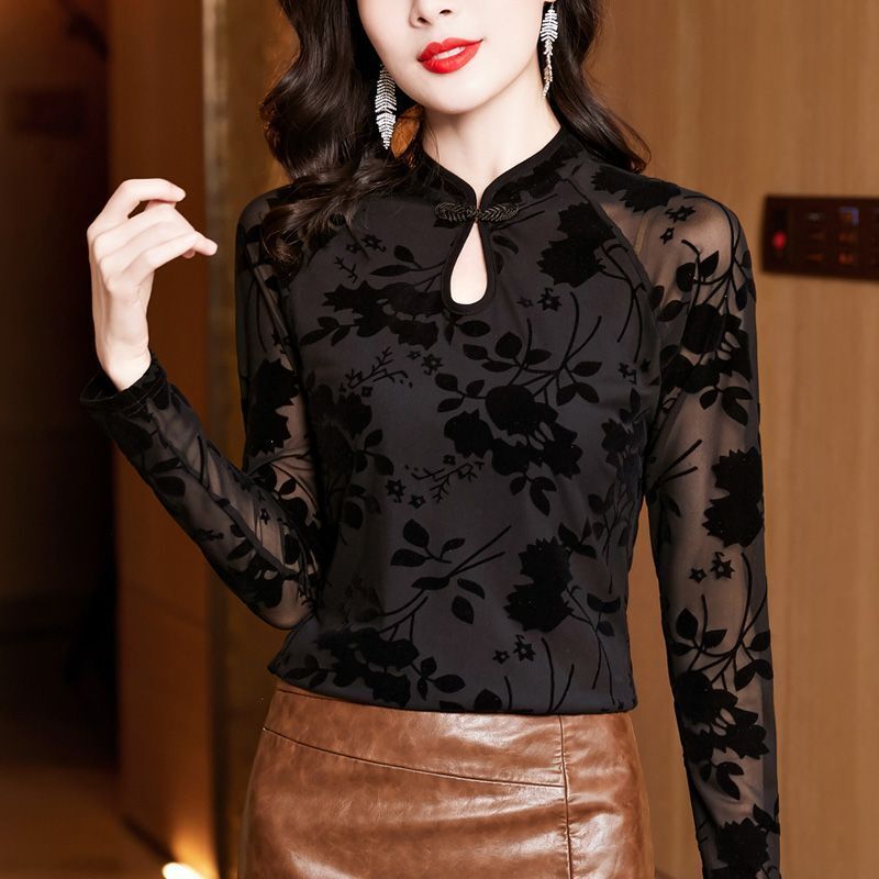 Baju Perempuan Pakaian Wanita Kemeja Dasar Jala Hitam untuk Wanita, Lengan Panjang, Baru    , Atasan