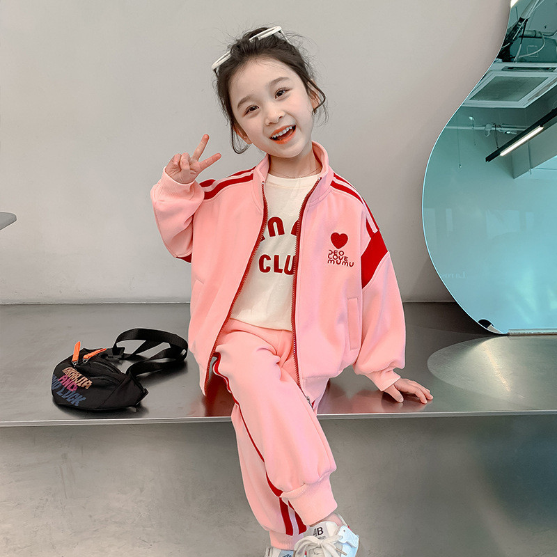 Pakaian Anak Model Korea   Perempuan Jaket Ritsleting Lengan Panjang Celana Santai Olahraga Set Dua 