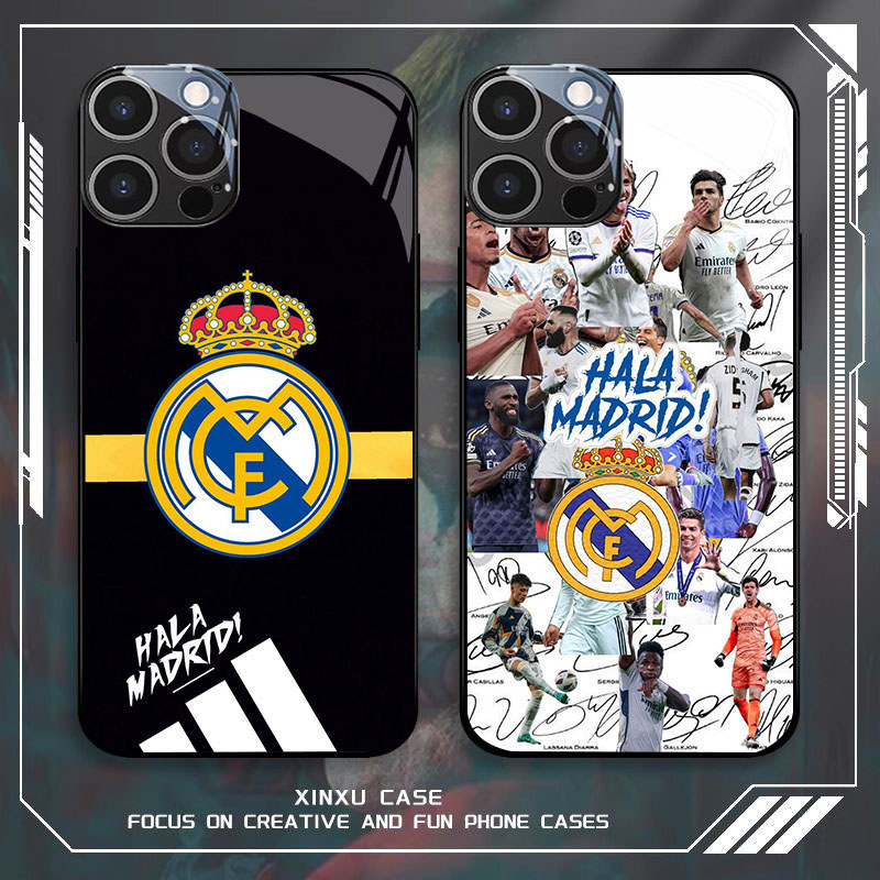 GK-76 Real Madrid logo Glass Casing untuk iPhone 14 15 Plus Pro Max