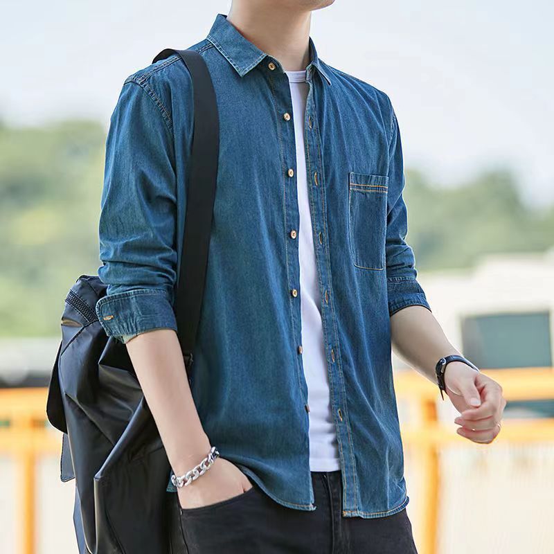 Kemeja Pria Terbaru Lengan Panjang Denim Katun Murni Pria Semi dan Musim Gugur Jaket Tipis Gaya Kore