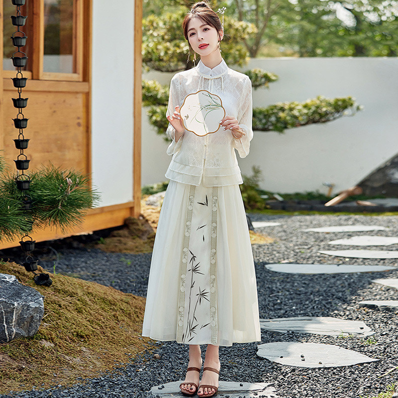 Setelan Baju Imlek Wanita Premium Neo Hanfu Modern Set Atasan Putih & Rok Midi Motif Bambu New Chine