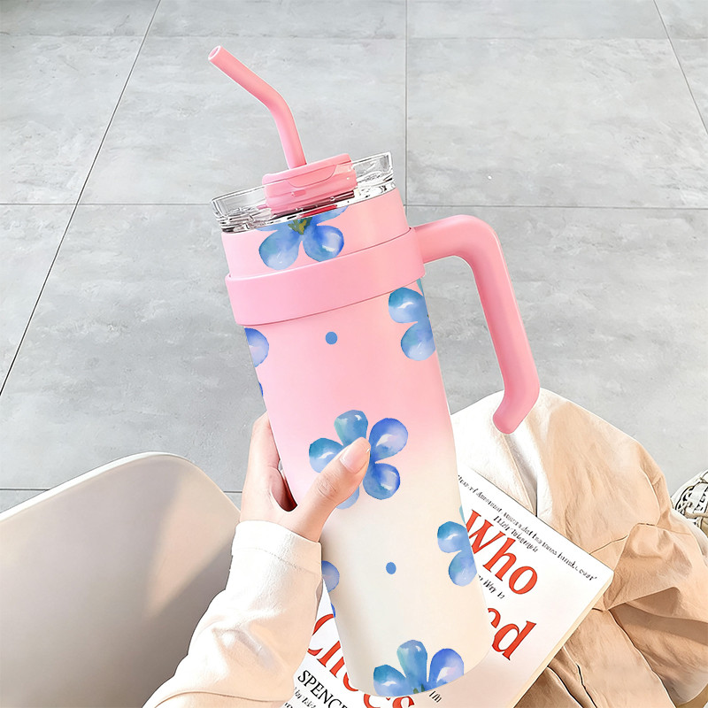 Bunga kecil berwarna biru Hadiah Mug Tumbler Gelas Kapasitas Besar 1200ml Botol Premium Termos Minum