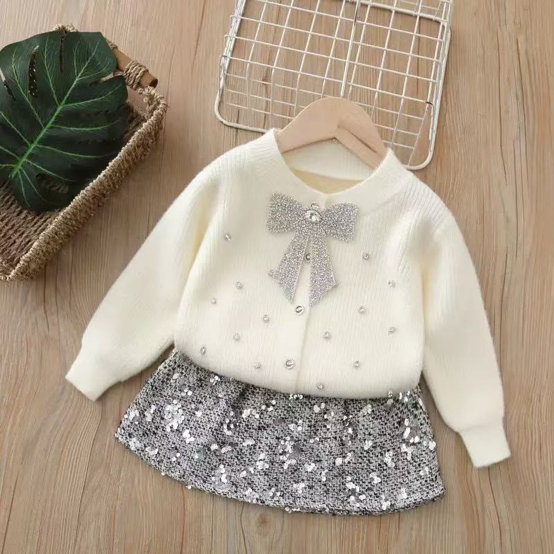 Sweater Kardigan Anak Berkualitas Sweter Gaya Chanel Kecil Pita Rhinestone Cardigan Set Rajut Baru G