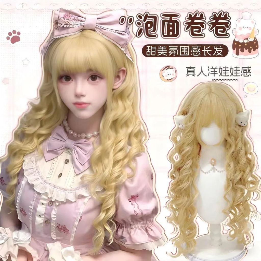 Wig Rambut Wanita Gulung   Boneka Lolita Pirang Platinum Poni Panjang Keriting Sintetis Penuh Berkua
