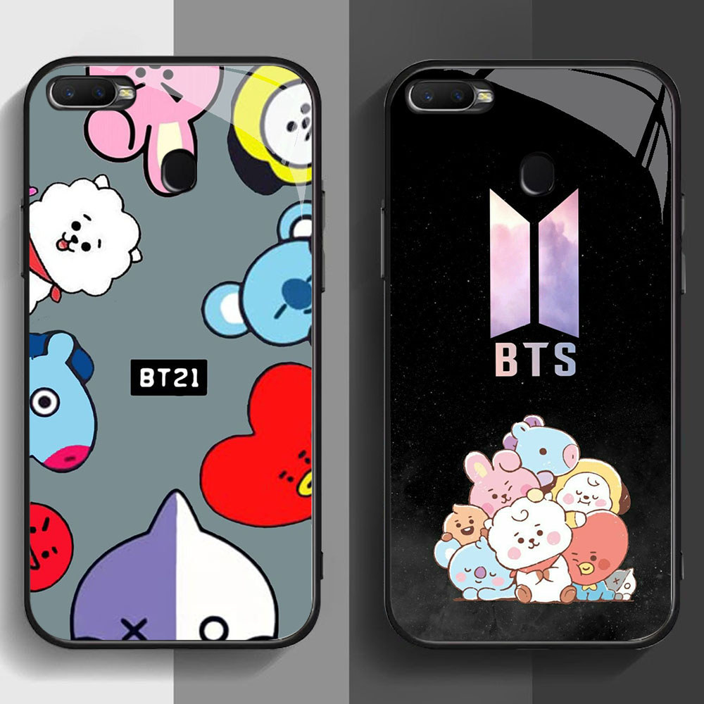 SD-2 BTS BT21 HD Glass Casing untuk OPPO A7 A12 A12S A11K A5S F9 F7 F5 Realme 2 Pro