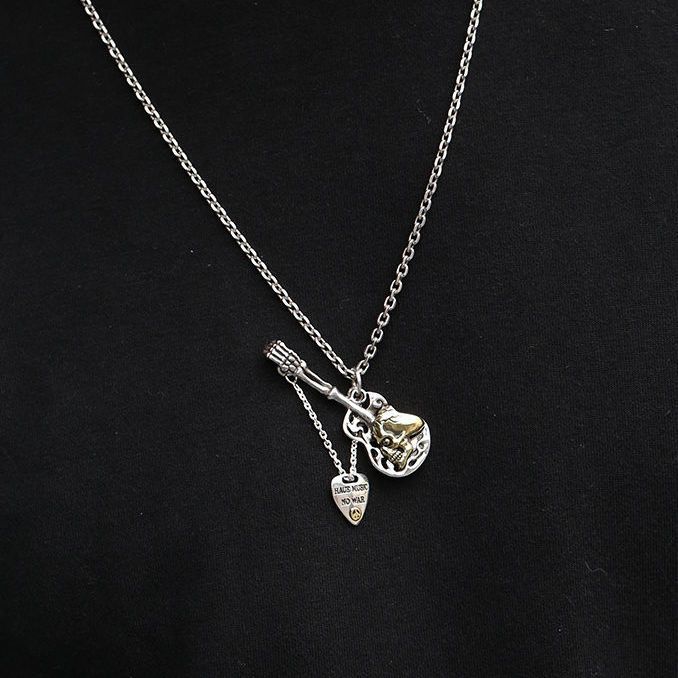 Liontin Gitar Tengkorak Perak 925 Retro Kalung Pria Liontin Musik Rock Retro Pria Hip-Hop Trendi Ya
