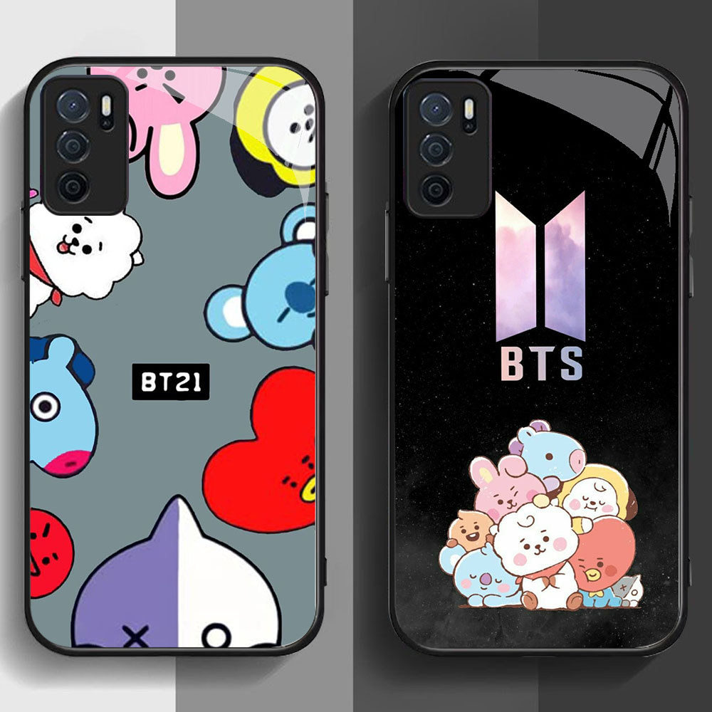 SD-2 BTS BT21 HD Glass Casing untuk OPPO A16 A16S A54S A95 A74 F19 F19S Reno 6 Lite