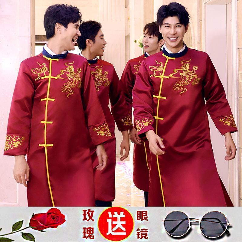 Kemeja Baju Pria Terbaik Kakak Kelompok Retro Cina Pernikahan Salam Pengantin Jubah Panjang Mantel P