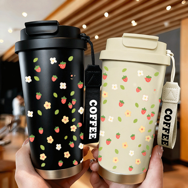 Ladang Bunga Stroberi - Segar dan MenawanGelas termos baja tahan karat, cocok untuk minuman panas da