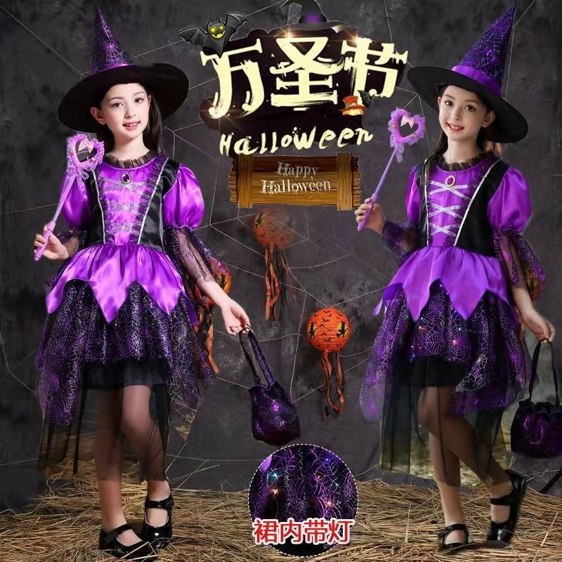 Kostum Halloween Kostum Halloween untuk Gadis, Masquerade Anak, Gaun Penyihir, Pakaian Cosplay Putri