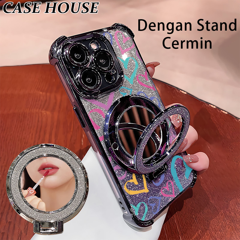 Glitter Card Case HP Oppo A15S A77S A31 2020 A60 A94 Stand Holder Cermin Casing Oppo A7 A16S A57 F7 