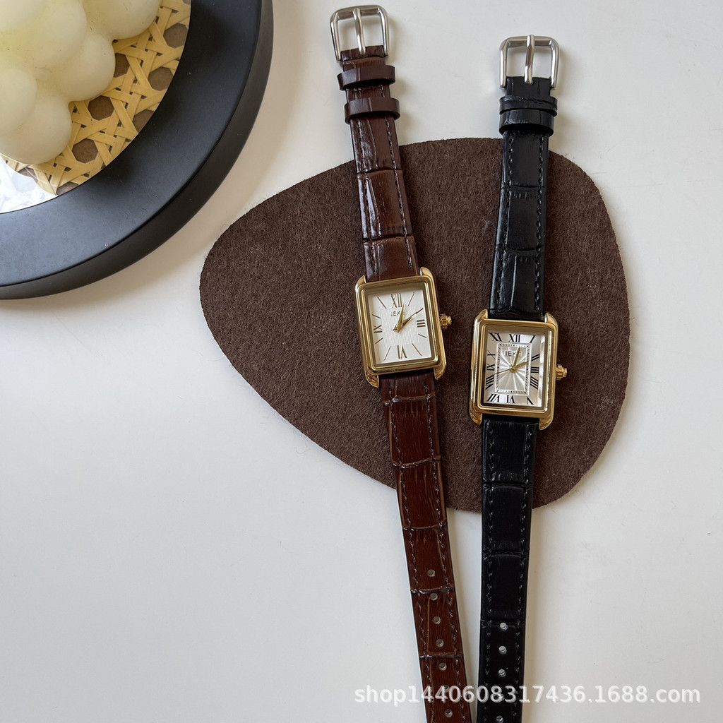 Jam Tangan Jam Tangan IEKE French Niche Nordic Roman Square Dial Compact Leather Strap untuk Wanita 