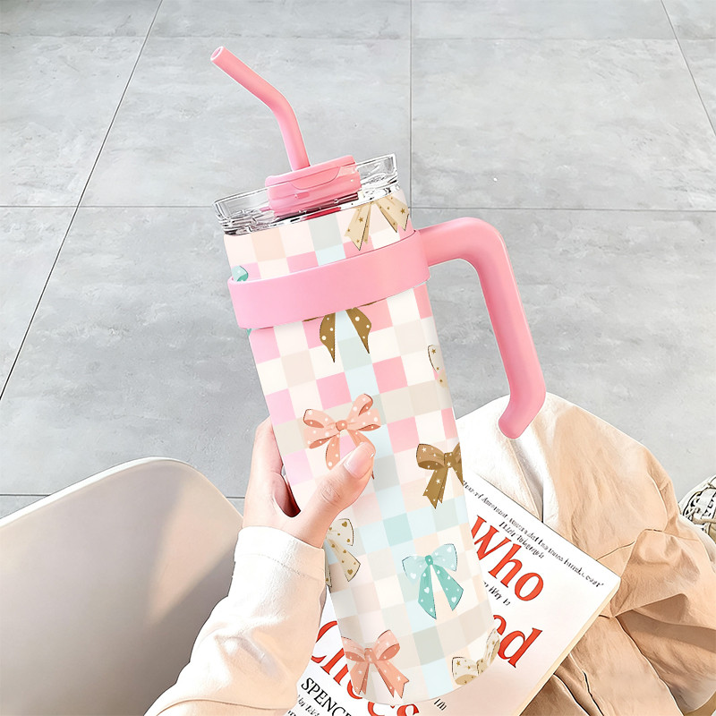 Pola Kotak-kotak Pita Hadiah Mug Tumbler Gelas Kapasitas Besar 1200ml Botol Premium Termos Minuman D