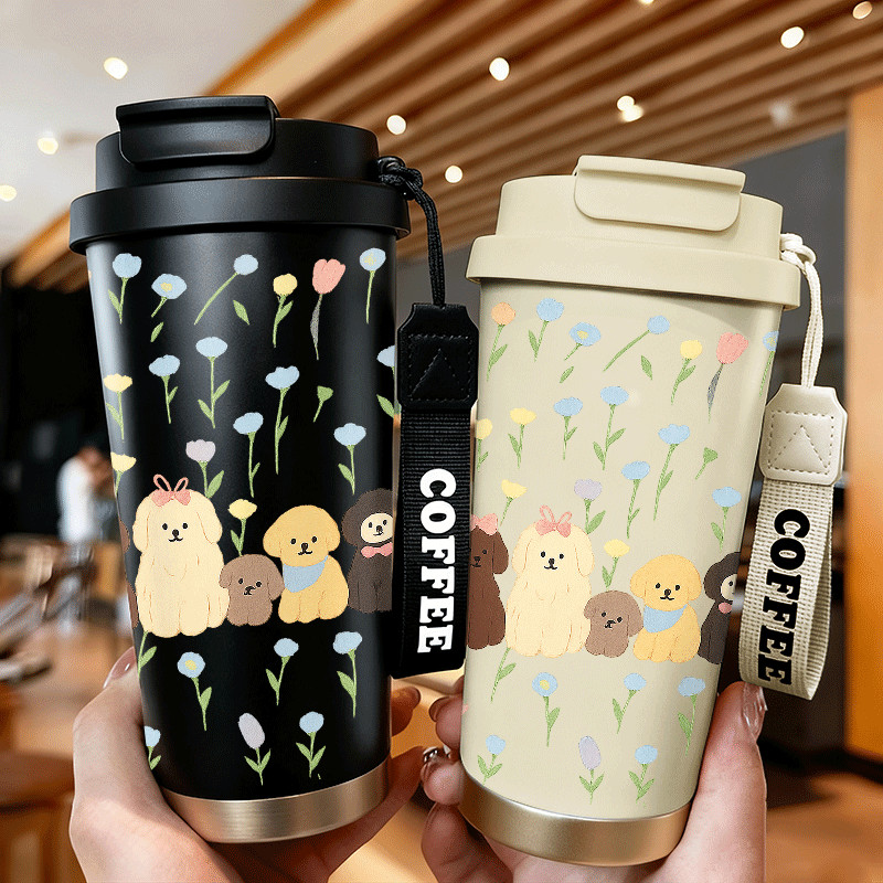 Keluarga anjing lucu di ladang bungaGelas termos baja tahan karat, cocok untuk minuman panas dan din