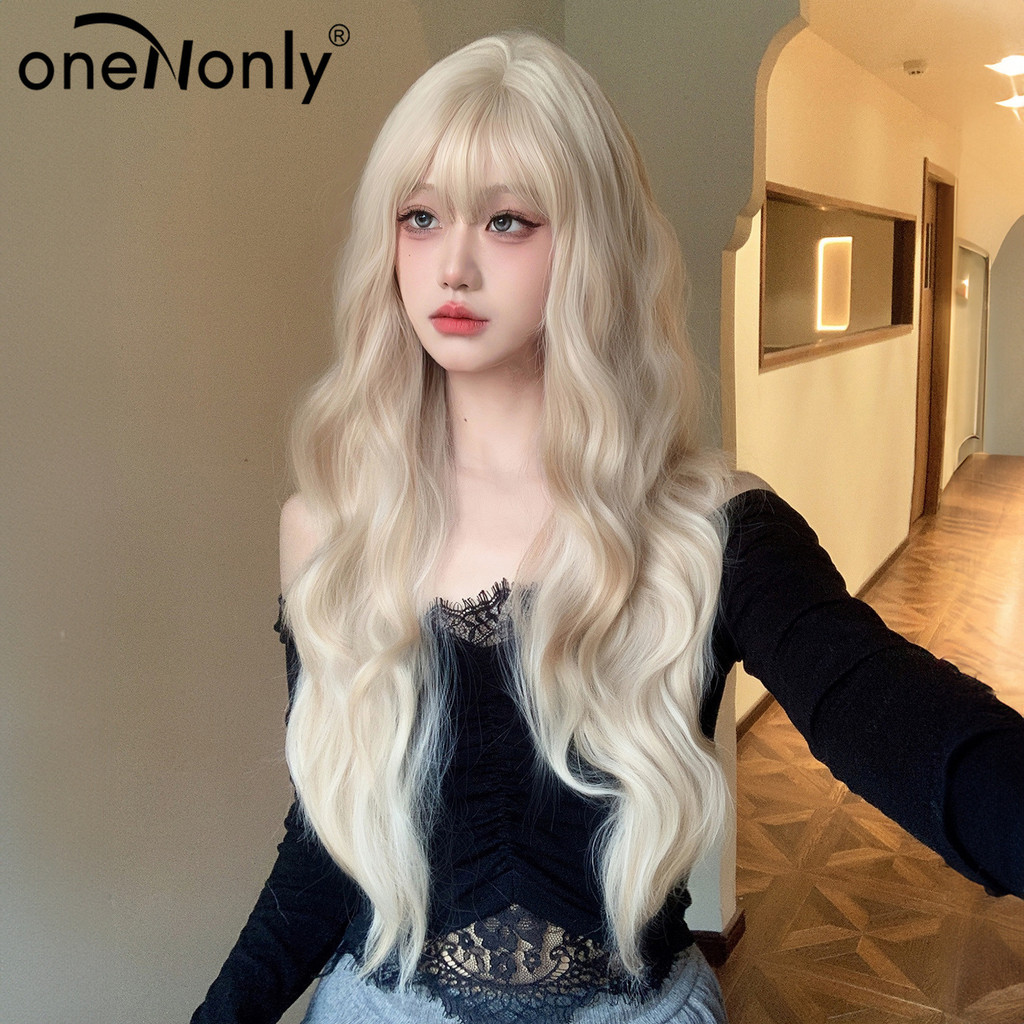 Wig Rambut Wanita Gaya Korea untuk Wanita, Keriting Panjang dengan Poni, Gelombang Besar, Pirang Pla