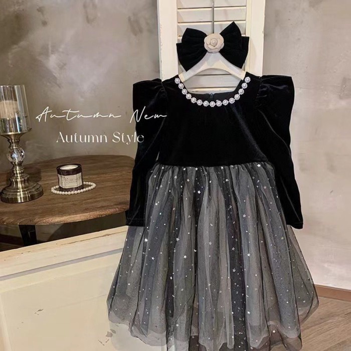 Gaun Anak Perempuan Gaun Hitam Kecil Anak-anak Baru Musim Gugur 2025 Gaun Lengan Panjang Temperamen 