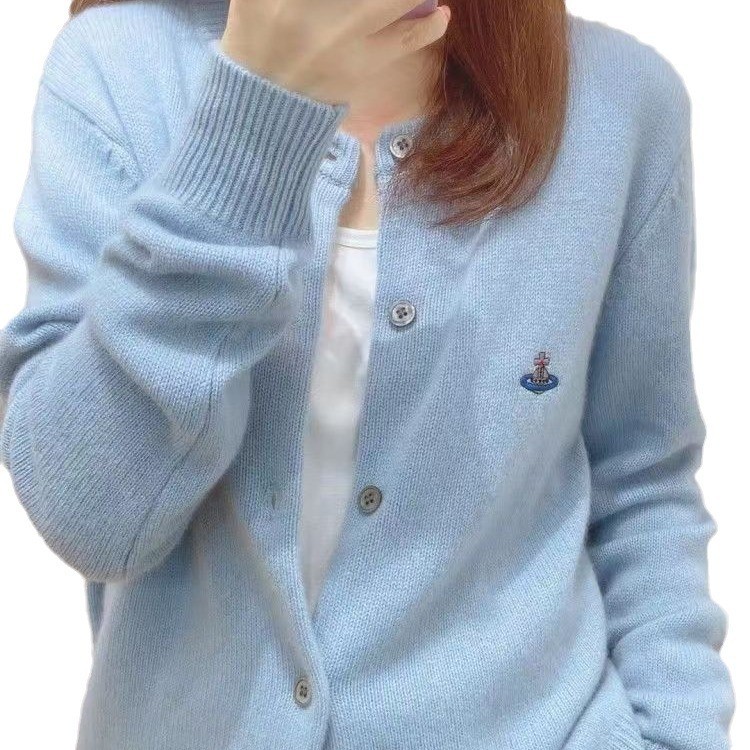 pakaian wanita 100% Cardigan Wol Murni Wanita Leher Bulat Rajut Longgar Pakaian Luar Sweater Dasar B