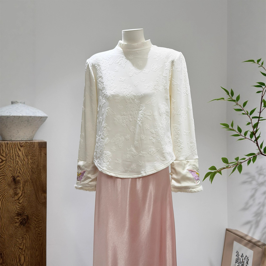 Baju Perempuan Pakaian Wanita Kemeja Dasar Rajut Kerah Setengah Tinggi Cina Baru untuk Wanita, Lapis