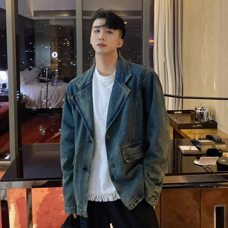 Jaket Pria Blazer Denim Vintage Cuci Tinggi untuk Pria Desain Retro Niche Jaket Santai Longgar Trend