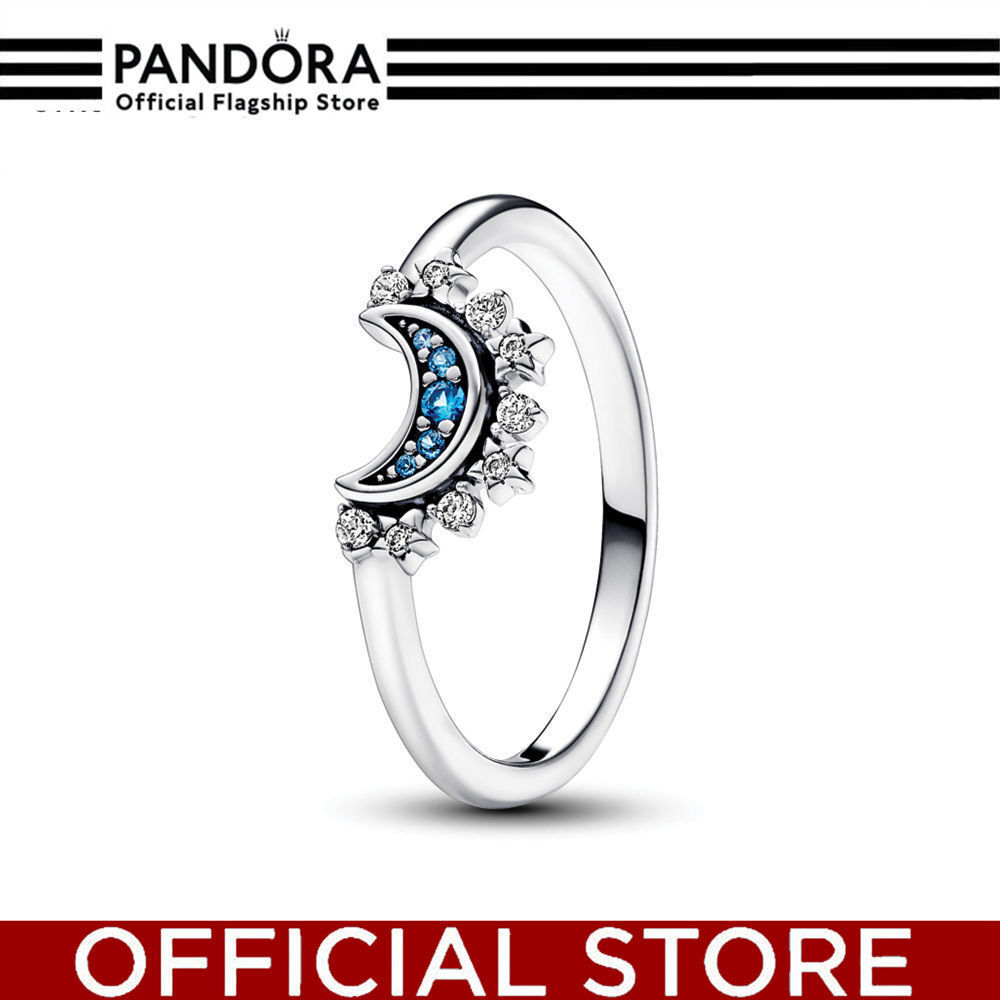 100% Asli Pandora Celestial Moon Sterling Silver Ring With Night Blue Crystal And Clear Cubic Zircon