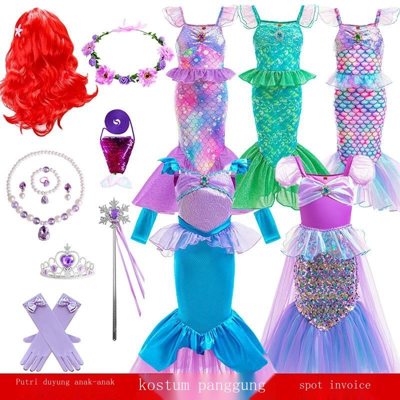 Gaun Anak Perempuan Putri Duyung Kecil Cosplay Putri Duyung Gaun Putri Tanpa Lengan Modis Gadis Ari