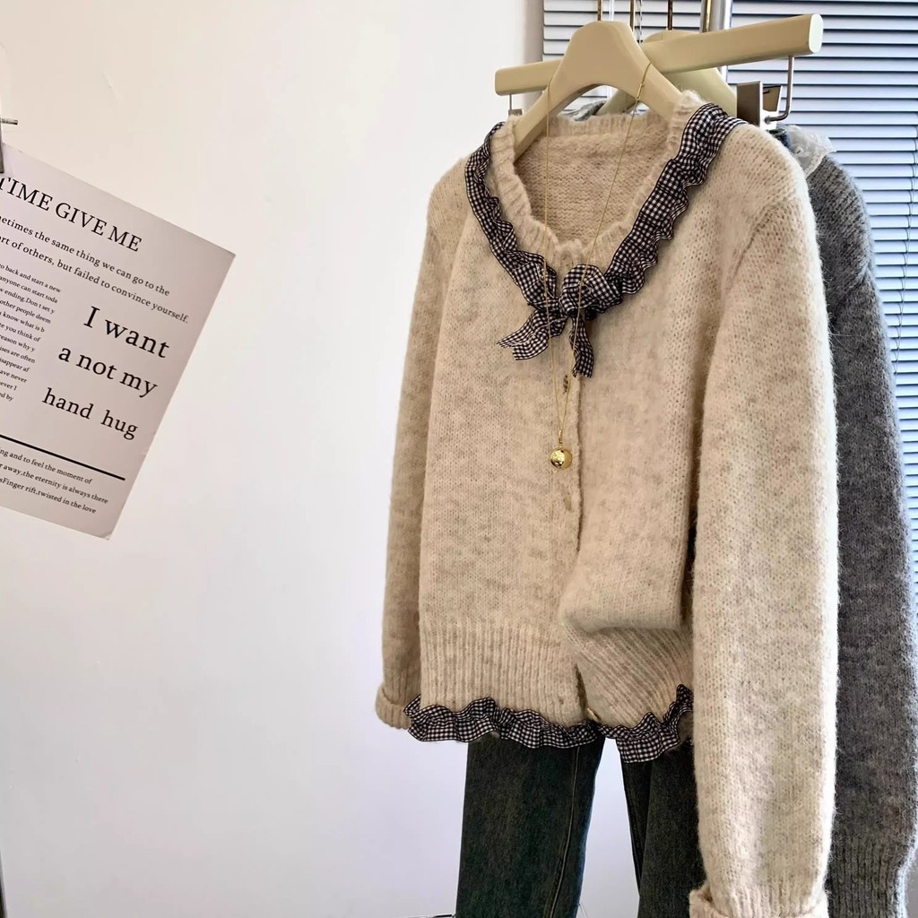 cardigan wanita Desain Abu-abu Korea Sweater Cardigan Kerah Kotak-kotak Pita Wanita Gaya Chanel Keci