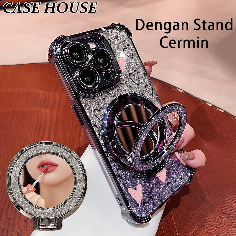 Glitter Card Case HP Oppo A15S A77S A31 2020 A60 A94 Stand Holder Cermin Casing Oppo A7 A16S A57 F7 